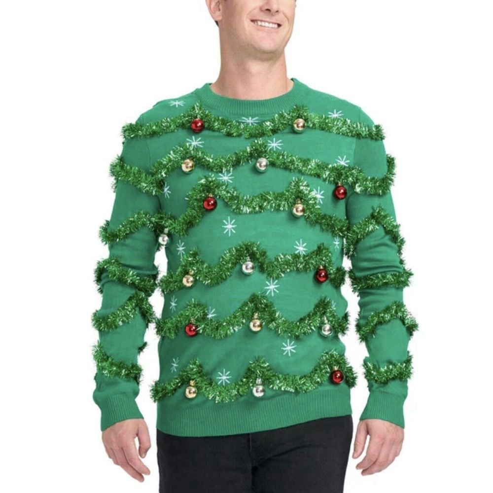 Tipsy Elves Men's Green Garland Ornaments Ugly Christmas Sweater Size XL