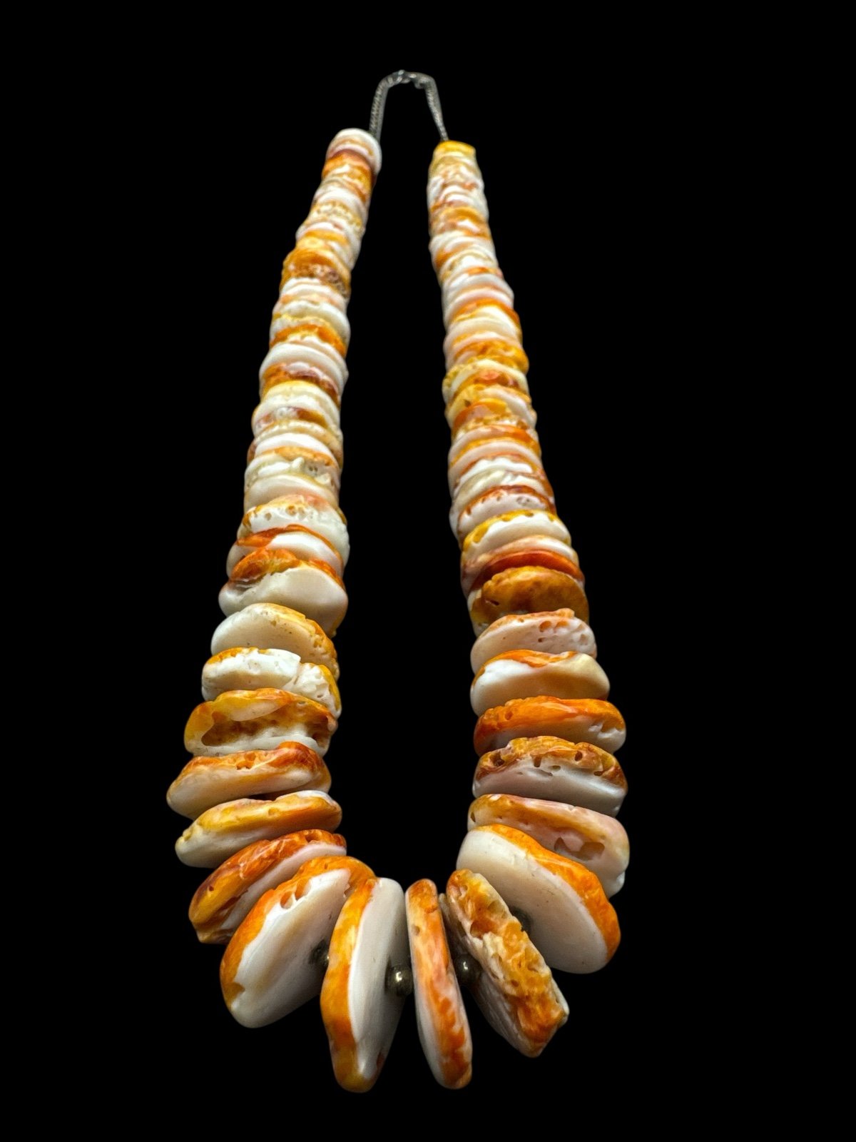Vintage Southwestern Sterling Silver Orange Spiny Oyster Disk Necklace 24”