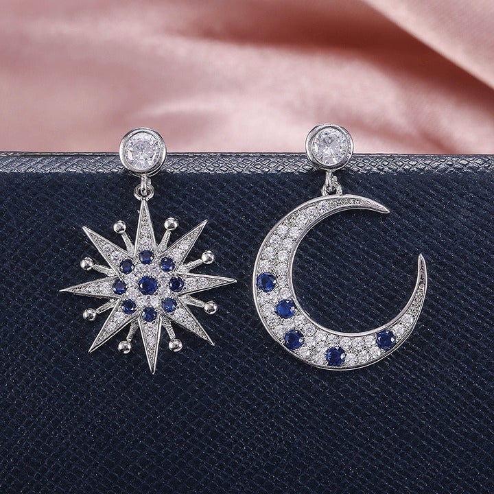 2ct Blue Sapphire 1ct Diamond Earrings Sun Moon Sunburst Womens Star Jewelry 925