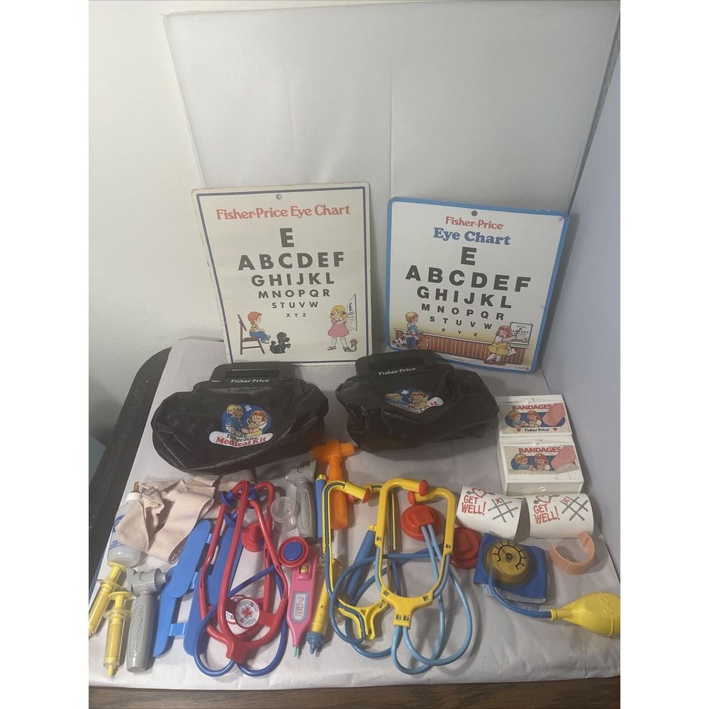 VTG Fisher Price Play Doctor & Veterinary Bags & Equipment w/ Eye Charts Lot
