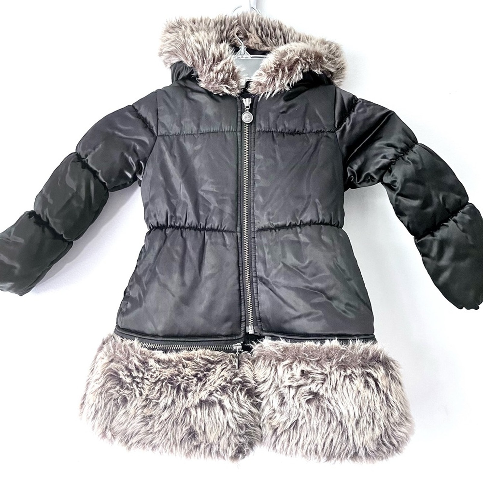 Junior Gaultier girls black faux fur trim winter coat size 4