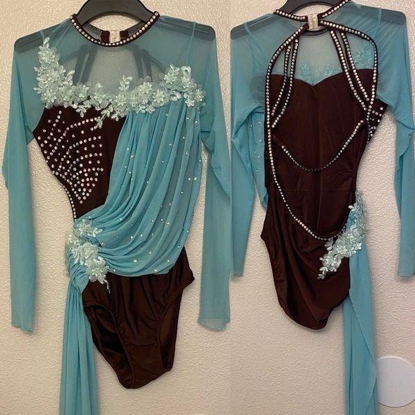 Glamour solo dance costume stoned brown aqua blue lyrical dress MA-Medium adult