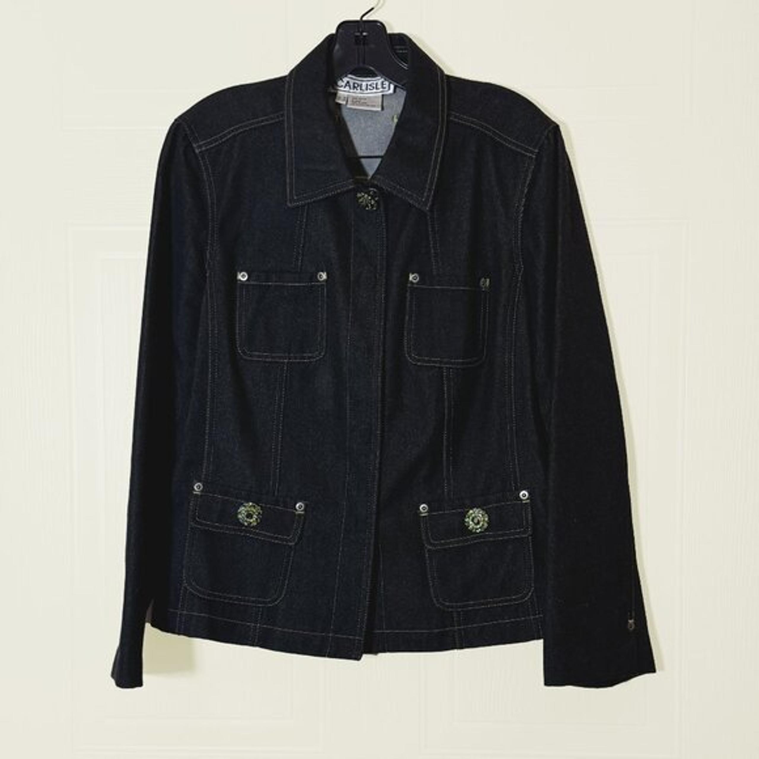 Carlisle Black Denim Jacket Snap Front Four Pockets Bejeweled 100% Cotton Sz 12