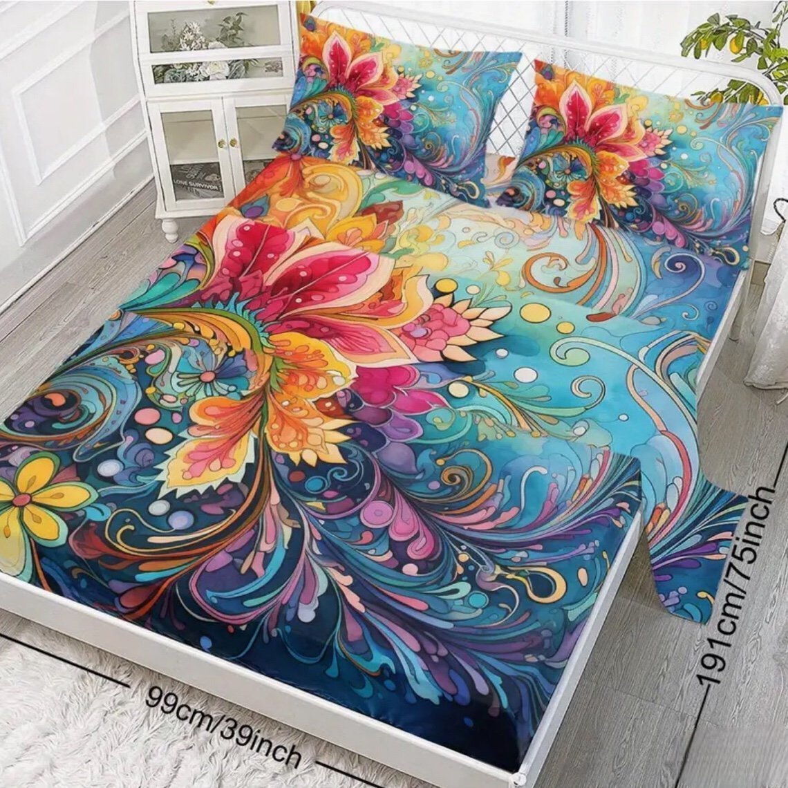 4-pc Floral & Jade Boho Twin Size Sheet Set (fitted, flat sheet +2 pillow cases)