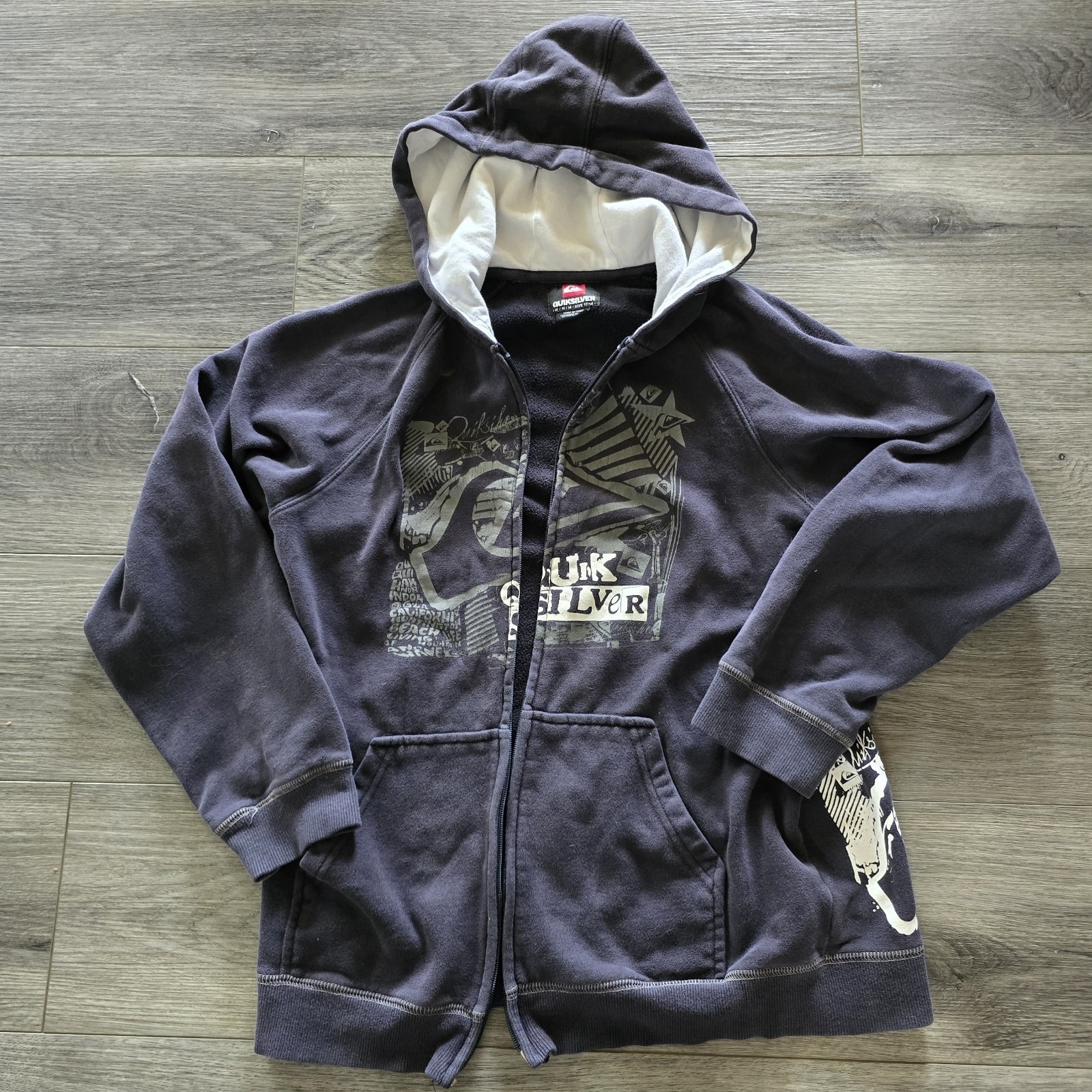 VTG Y2K Quiksilver Skater Hoodie Graffiti Blue Size Medium 12-14 Youth Full Zip