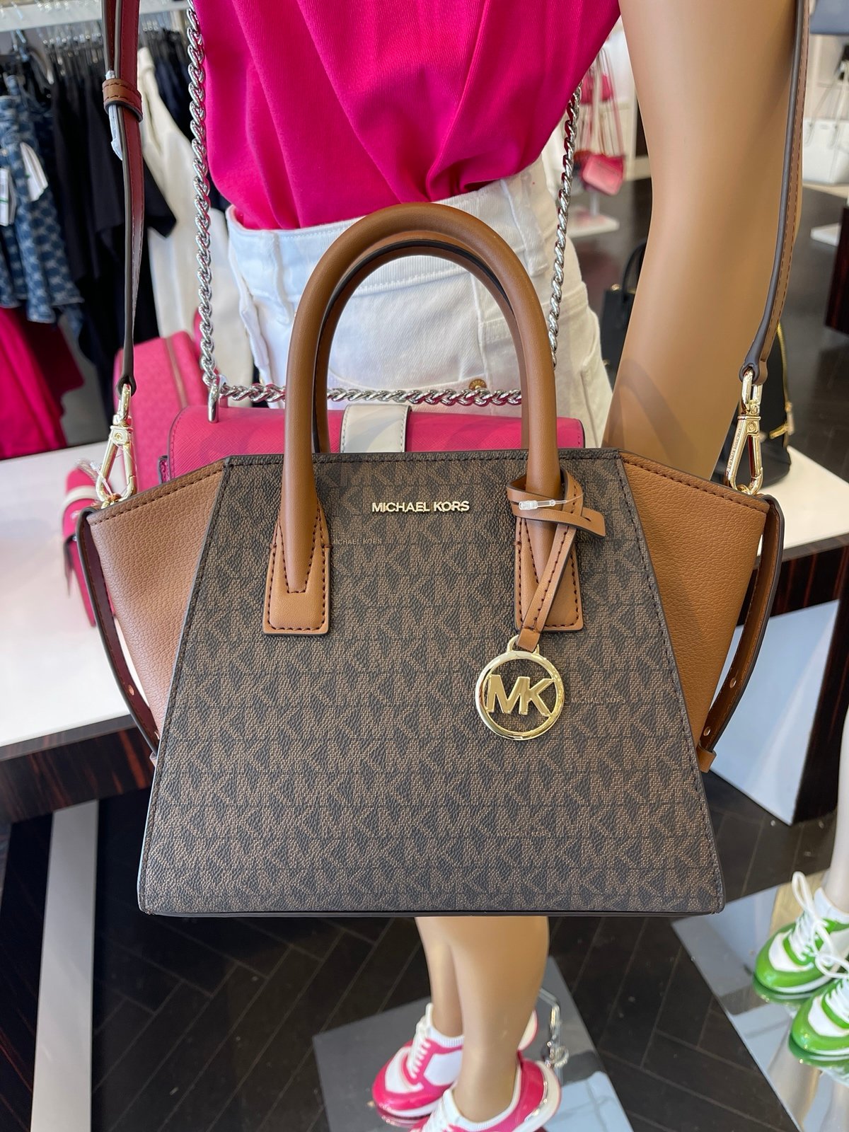 Michael Kors Avril Small Leather Logo Satchel Crossbody Brown Top Zip Bag NWT