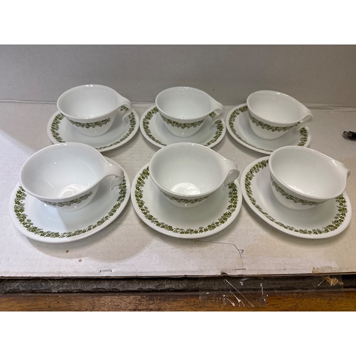 6 Corelle Corning Green Spring Blossom Crazy Daisy Hook Handle Cups and Saucers