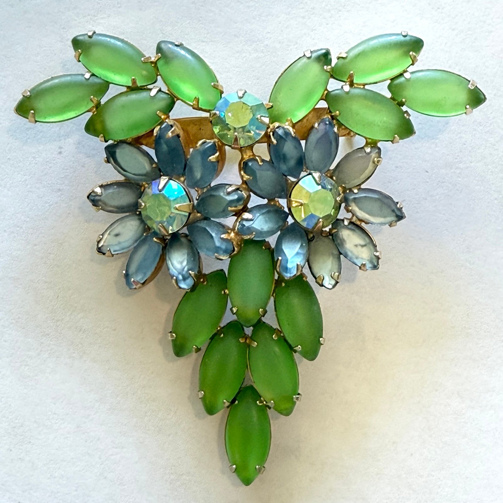 Vintage Oversized Frosted Rhinestone Floral Blue & Green Brooch Statement MCM