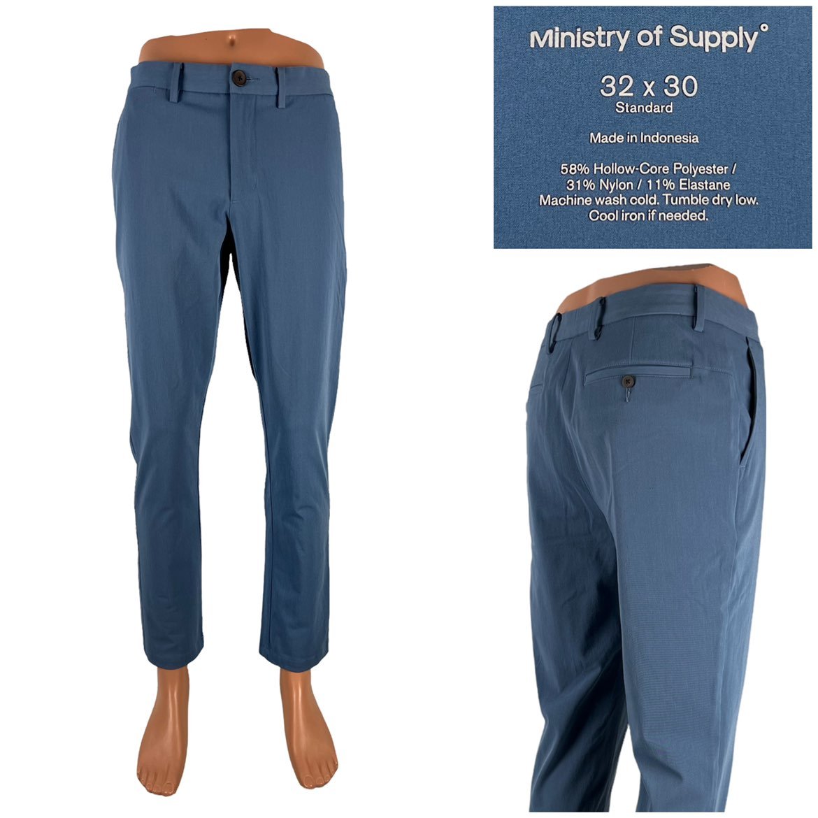 Ministry of Supply Mens 32 X 30 Pants Standard Fit Stretch Steel Blue EUC