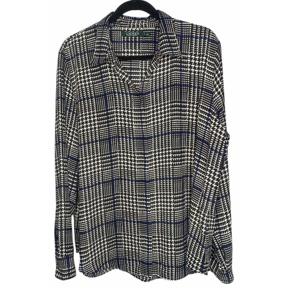 Lauren Ralph Lauren Blouse Size XL Silky Houndstooth long sleeve old money