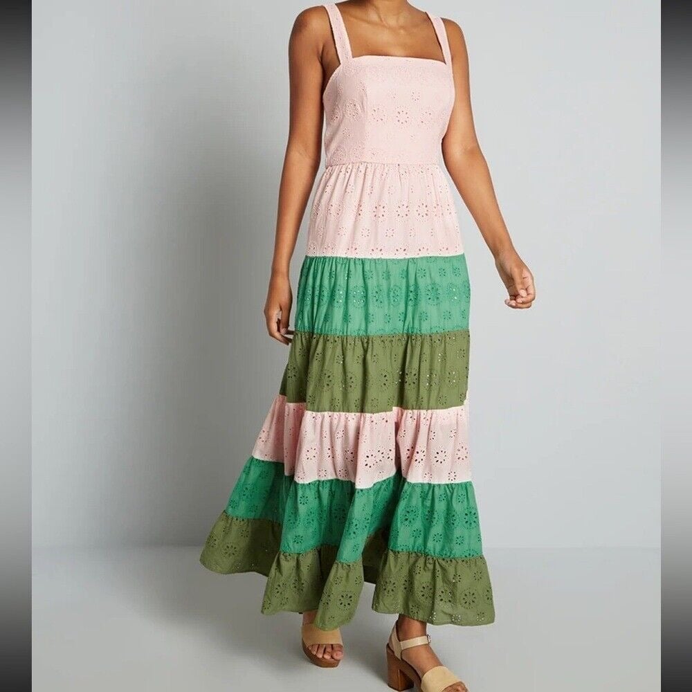 Hutch UK Size 4 Tiered Maxi Dress – Pink & Green Eyelet Sundress
