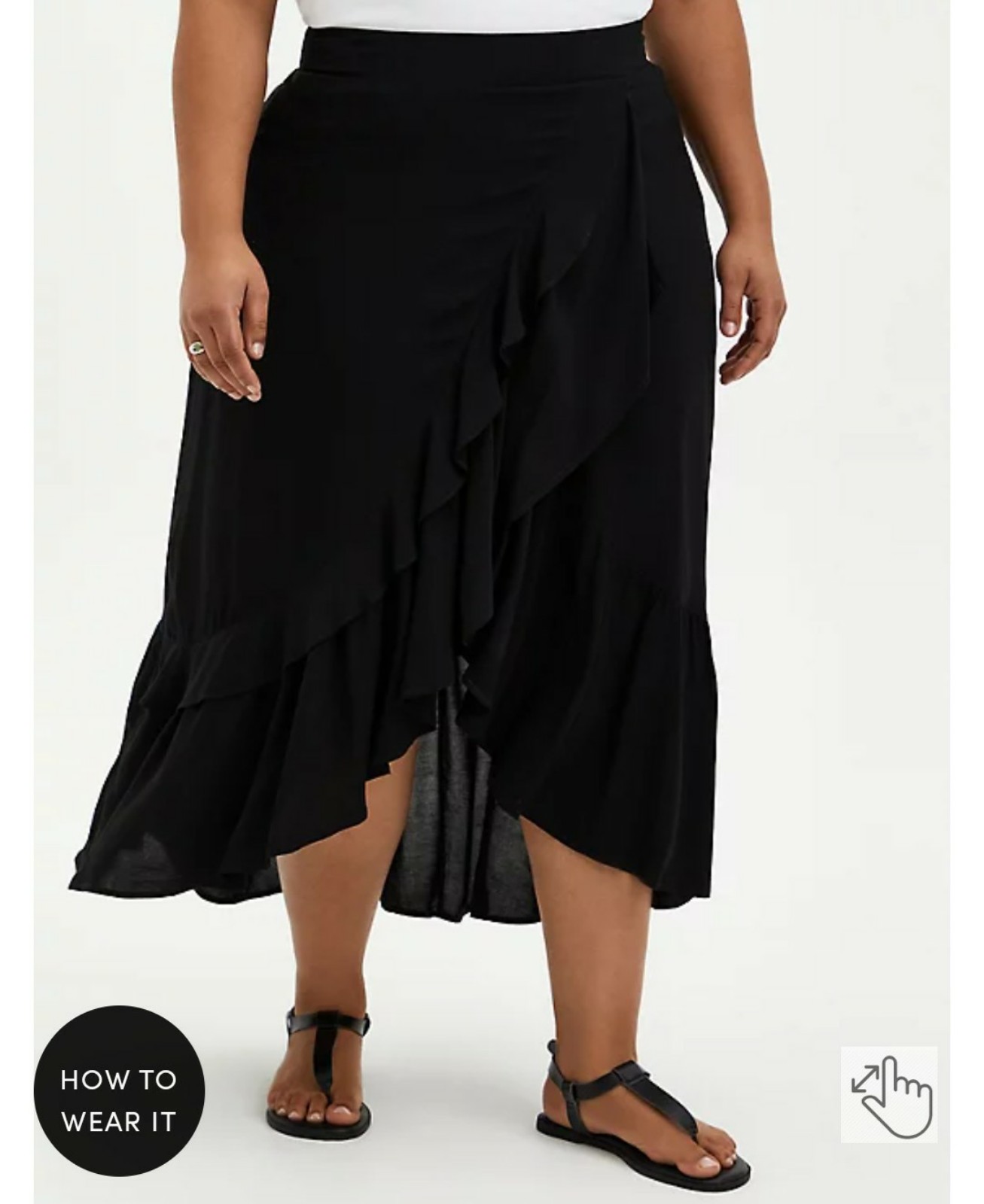 BLACK CHALLIS RUFFLE HEM HI-LO MAXI SKIRT