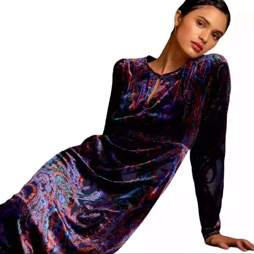 By Anthropologie Burnout Velvet Maxi Ruffle Dress 8P Boho Goth Multi Navy