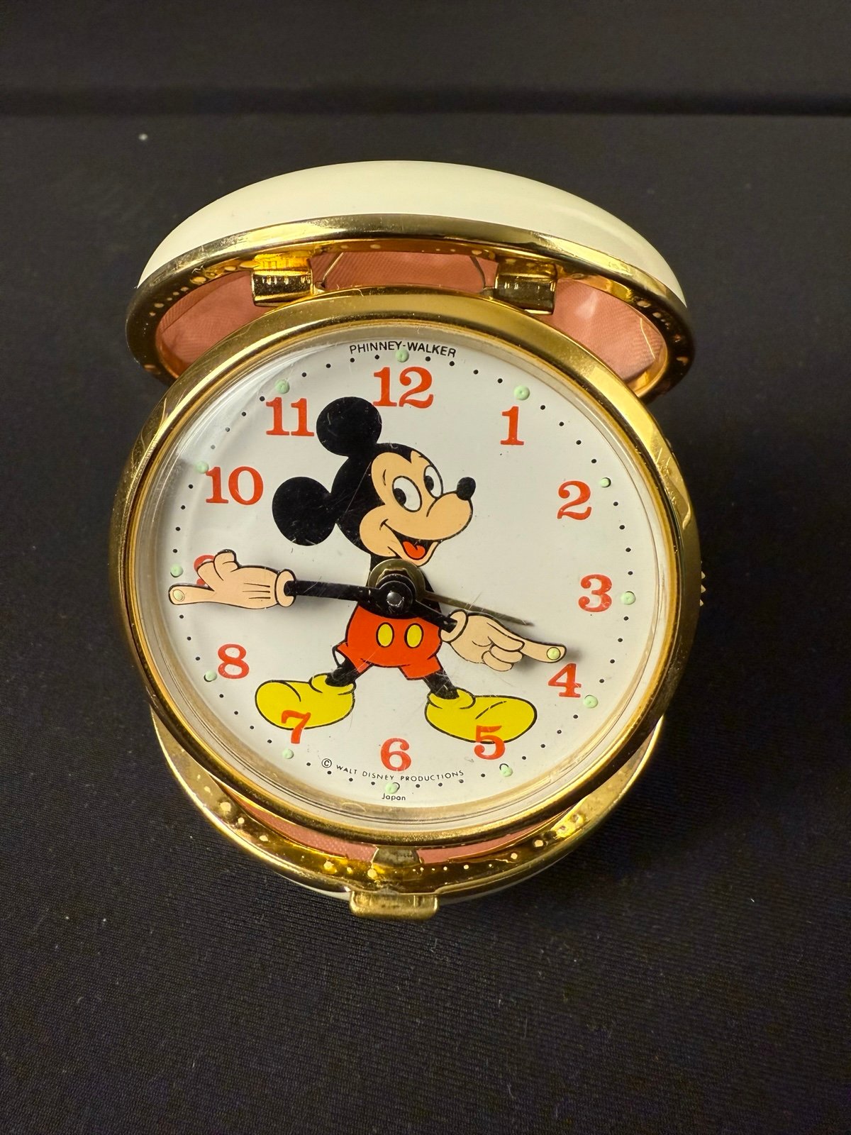 VTG Phinney-Walker Mickey Mouse Travel Alarm Clock Japan Made WORKS Great.