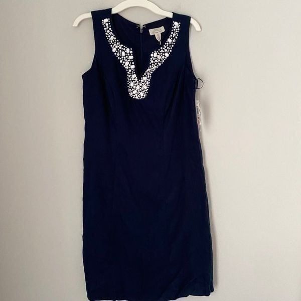 Charter Club Women’s Beaded Slit V Neck Blue Linen Mini Slip Dress size 2P