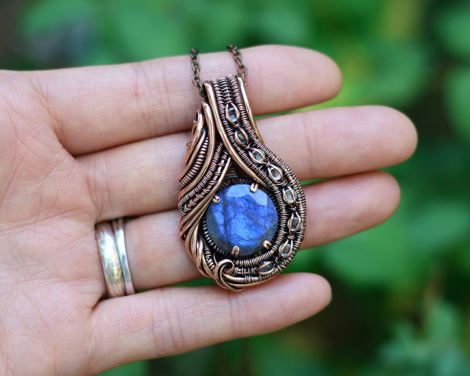 Blue Labradorite & Quartz Copper Wire Wrap Pendant Nickel Free Necklace for Gift