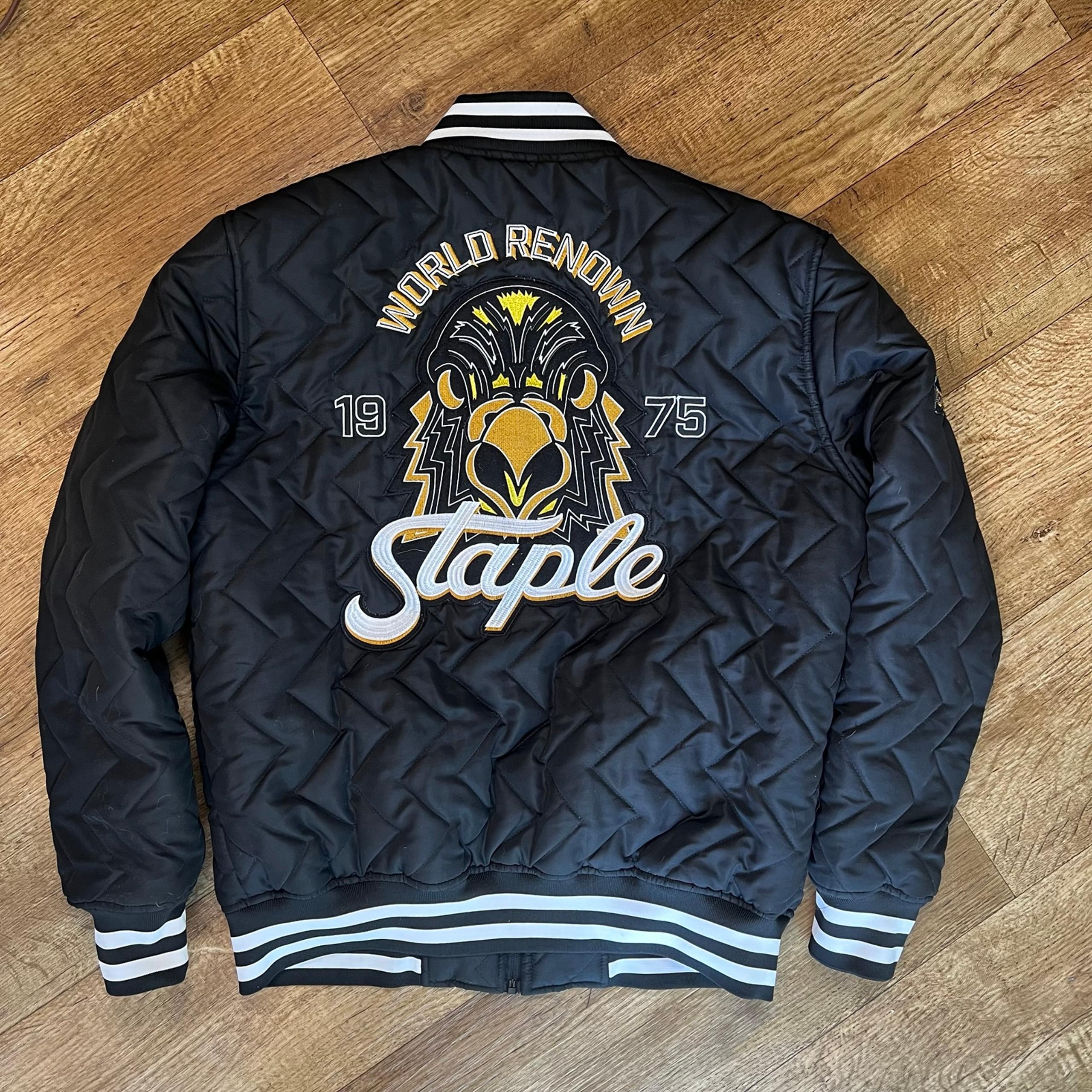 Staple Pigeon Bomber Jacket Men Large Black Quilted Embroidered Streetwear 1975