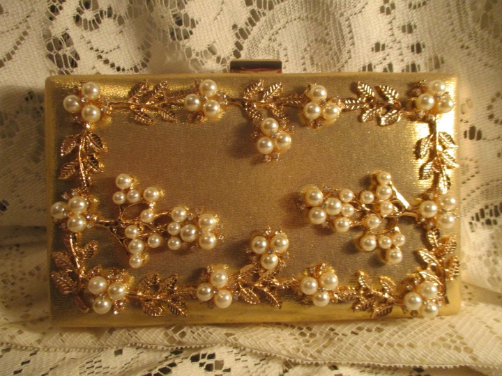 gold metallic faux pearl clutch