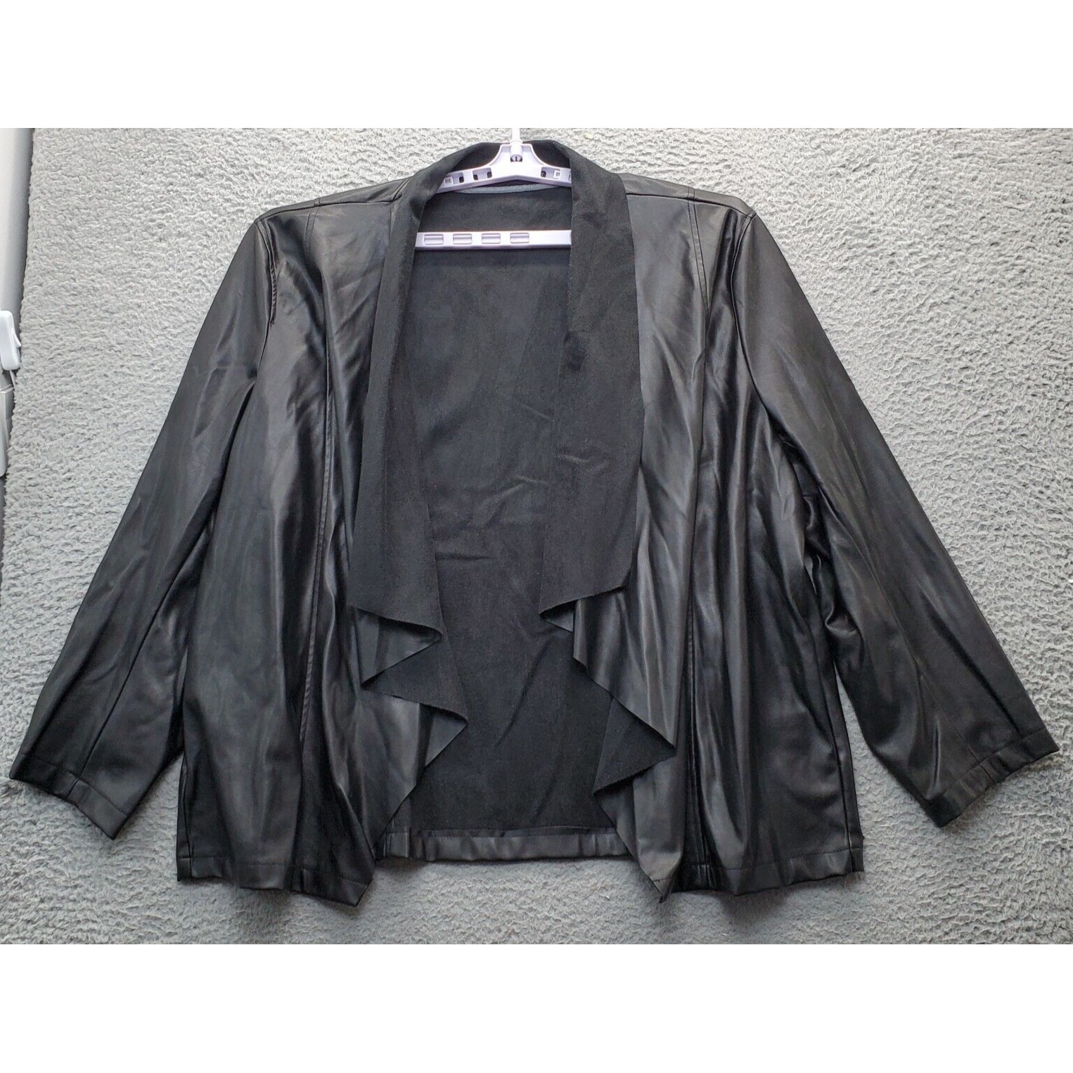 Tahari Leather Jackets Womens Size 2X Black Pockets Long Sleeve Open Drape Front