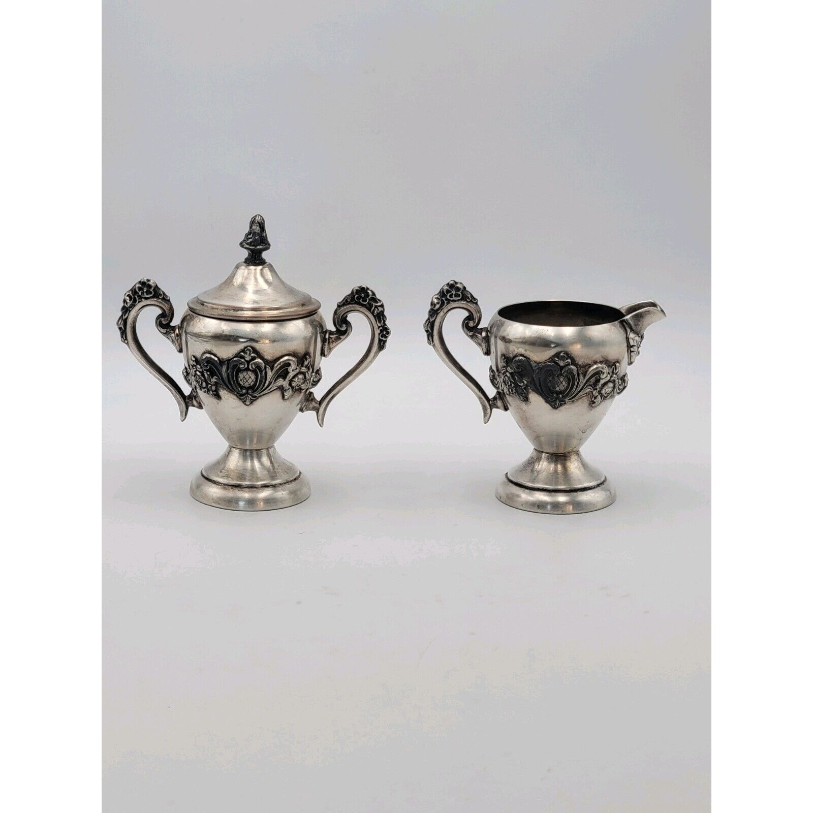 Meneses Orfebres Silver On Copper Creamer & Sugar Bowl With Lid 50's Vtg Unique