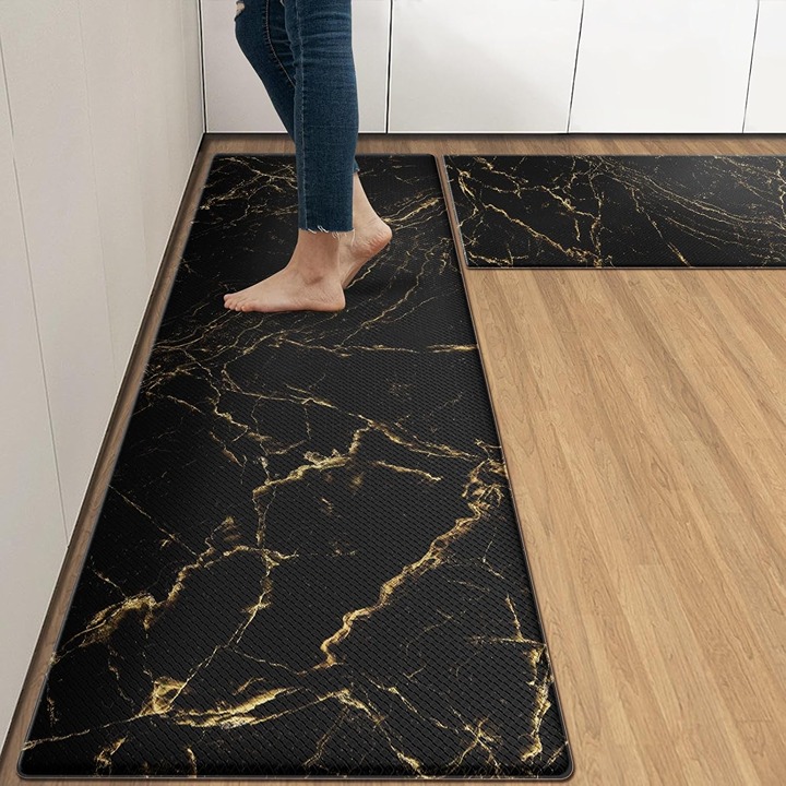 Anti-Fatigue Kitchen Rug Set of 2 Marble Black Gold Abstract Cushioned Rugs