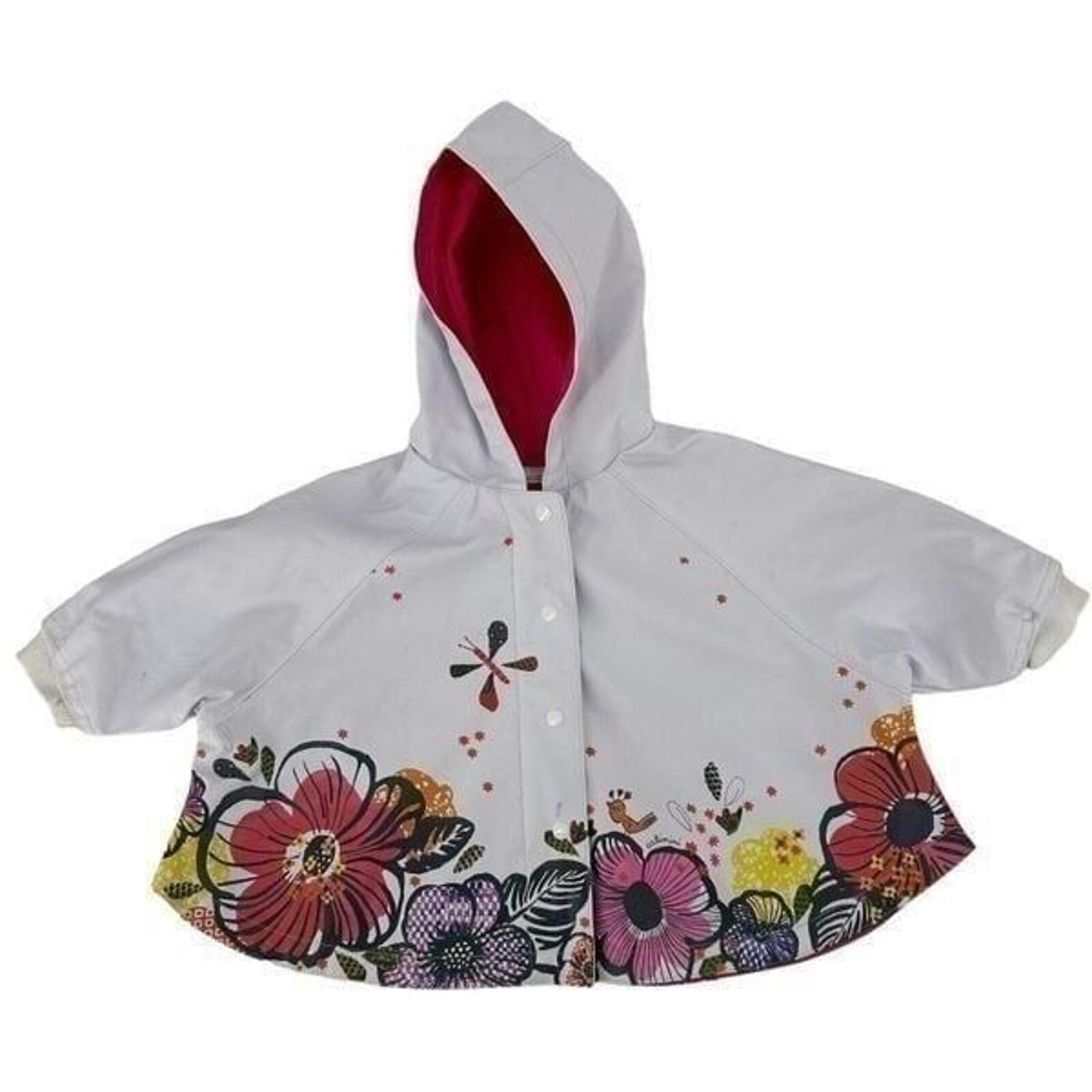 Catimini Rain Coat Baby Girl Size 12 Months Cheerful White Floral Spring Hooded