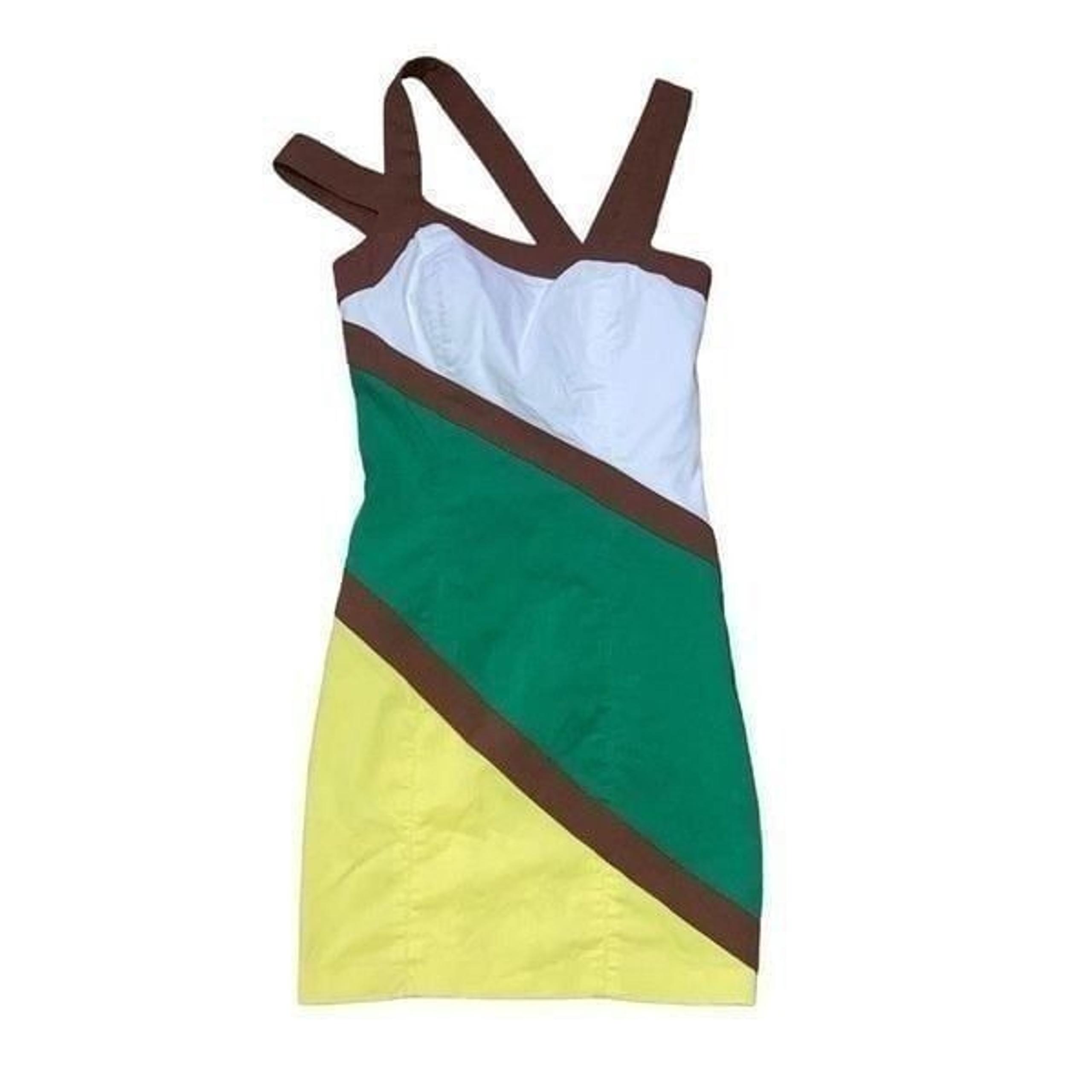 Vtg Y2K XOXO Size 00 Mini Bodycon Color-Block Striped Cotton Dress Green Yellow