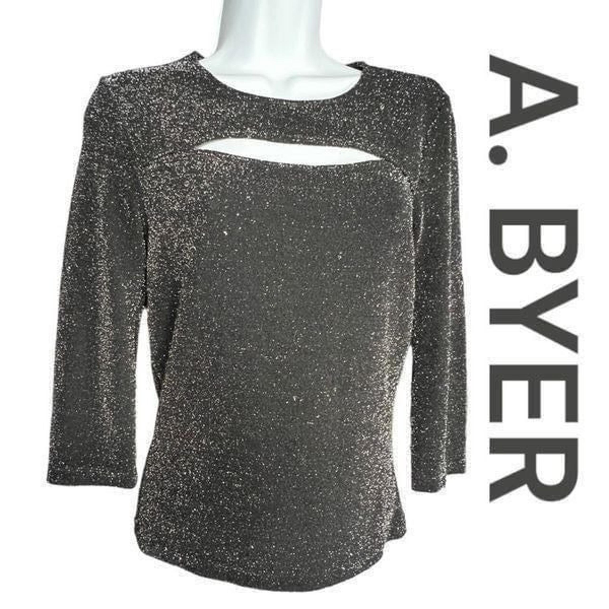 A. Byer Women's Crew Neck 3/4 Sleeve Glittering Cut Out Keyhole Top Black Large