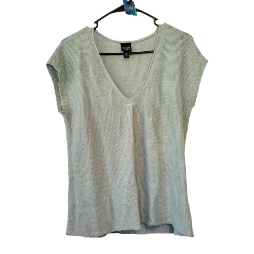 EILEEN FISHER Sage Green Hemp V-Neck Knit Sweater Short Sleeve Size Medium
