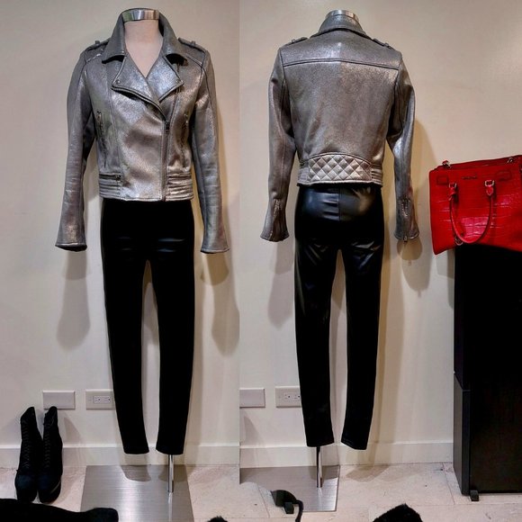 EDGY CHICMetallic Silver Suede Cropped Moto Jacket