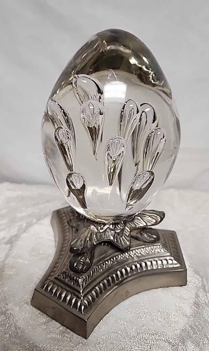Vintage Large Controlled Bubble Crystal Egg Shape On Decorative Metal Vase 8 X3