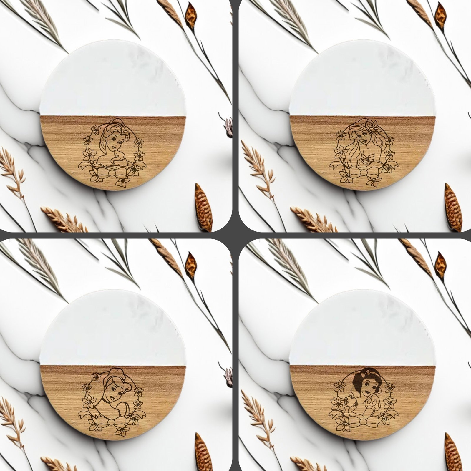 Disney princesses set 4 engraved coasters high quality marble and acacia wood