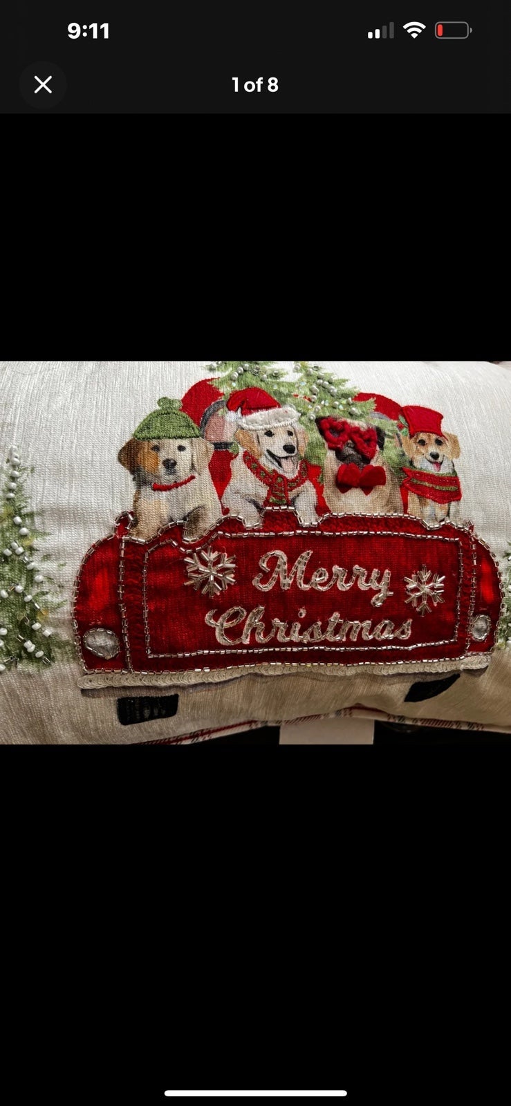 Festive beaded and embroidered Christmas pillow dogs and red truck