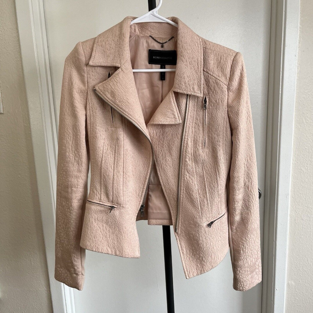 BCBGMAXAZRIA Boe Pink Textured Cotton Moto Motorcycle Jacket Size Small