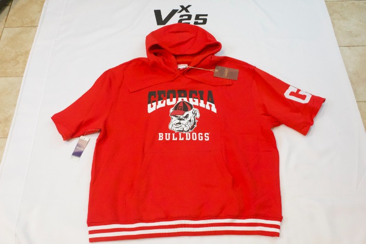 NWT Mens Red Georgia Bulldogs Mitchell & Ness Short Sleeve Hoodie Sweatshirt 2XL