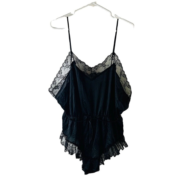 Vintage 80s Womens 2XL Black Frilly Lace Teddy Lingerie Body Suit USA Goth Vamp