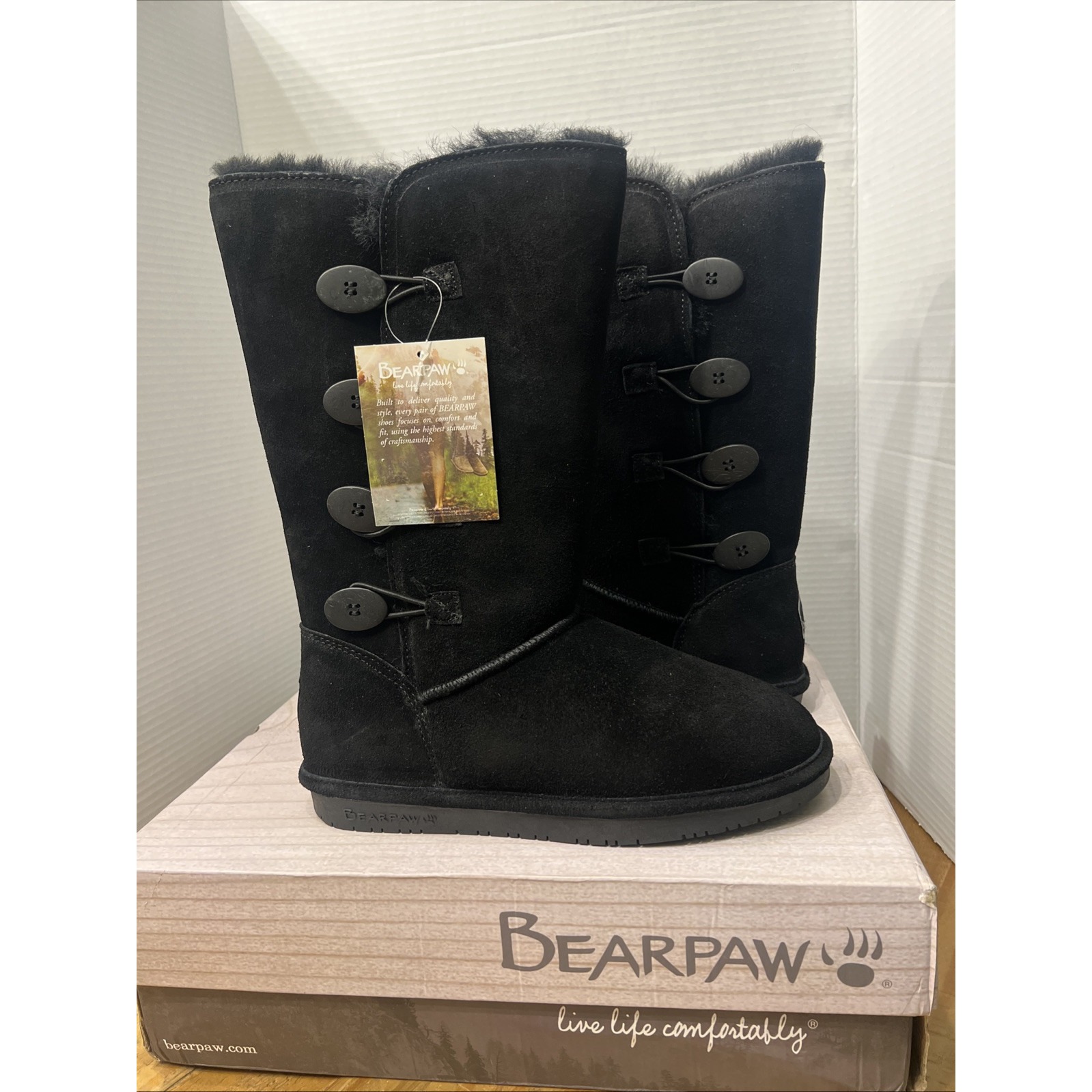 Bearpaw 2250W/Lori Black Knee High Sheepskin/Wool Lining Boots Women's Size 10