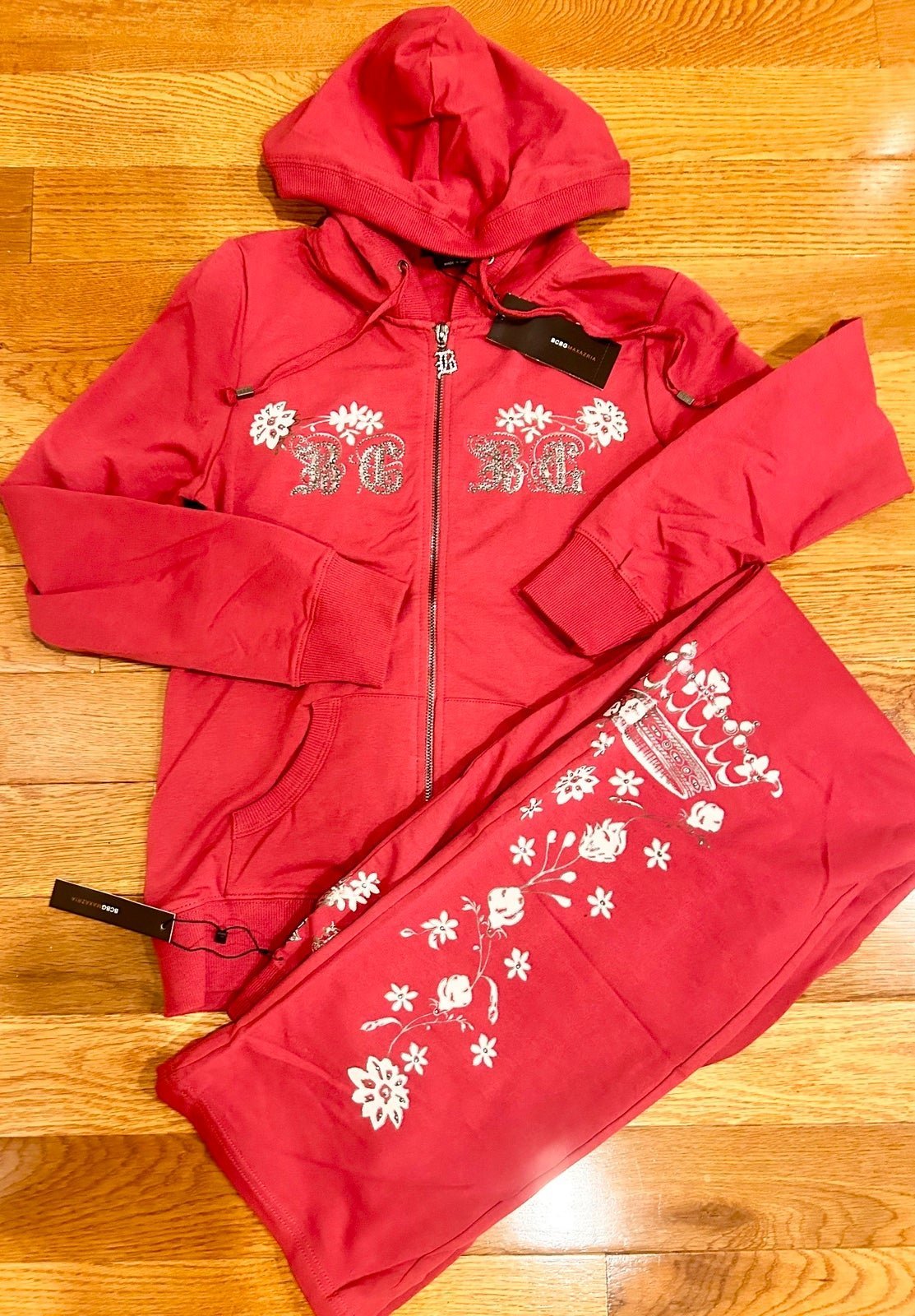 BCBGMaxAzria VTG Y2K CLASSIC CROWN RED/ PINK studded Track Suit M/L