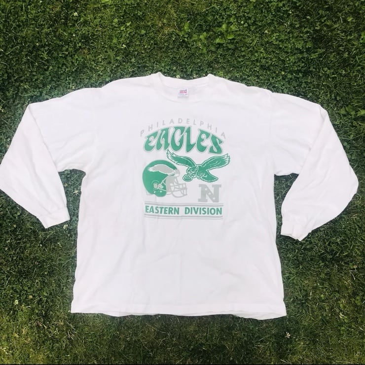 Vintage Philadelphia Eagles NFL Long Sleeve Shirt Mens 2XL XXL White Kelly Green