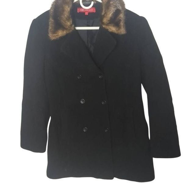 Anne Klein 100% Wool Faux Fur Collar Black Peacoat S Small