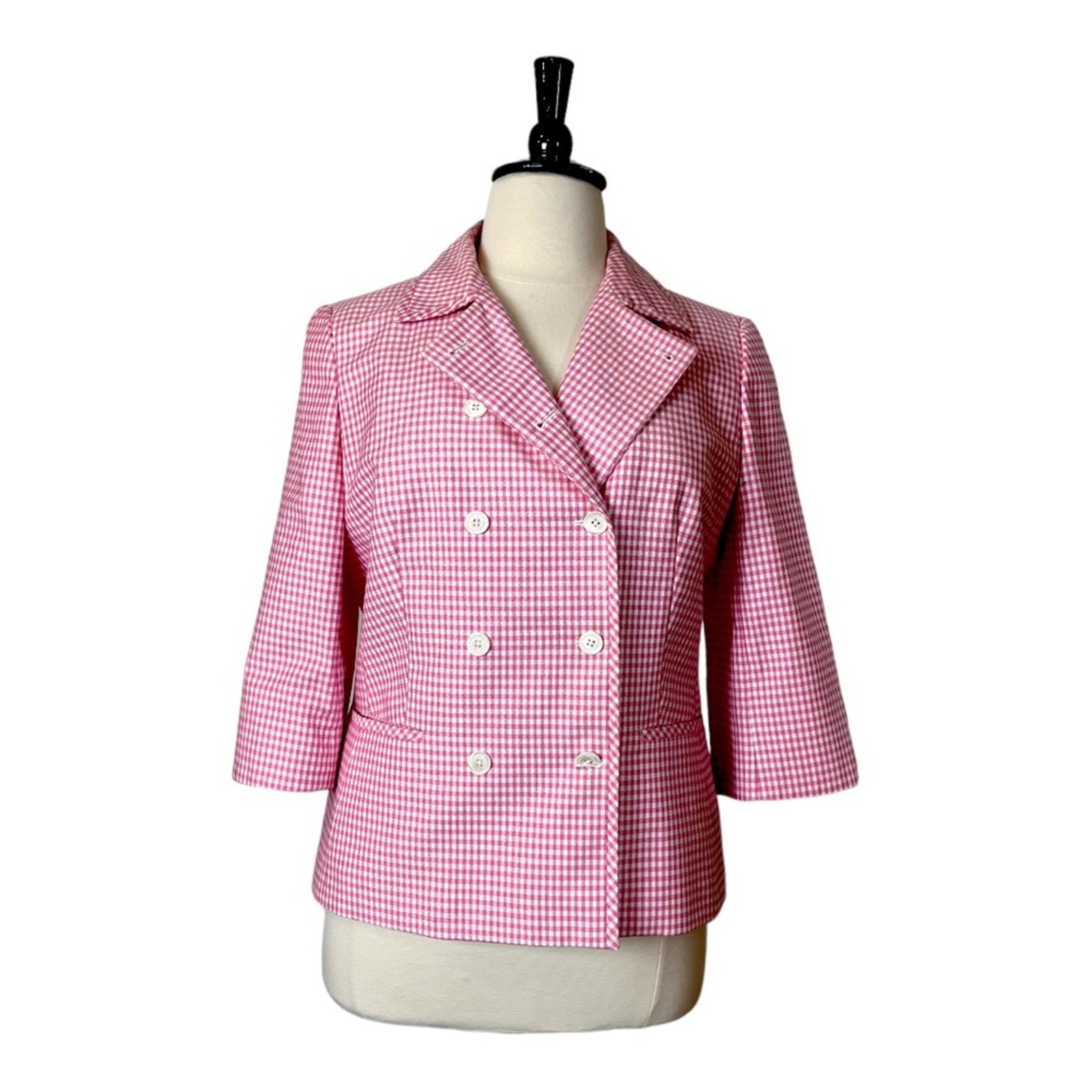 Brooks Brothers Women’s Blazer Double Breasted 3/4 Sleeves Pink Gingham Size 16
