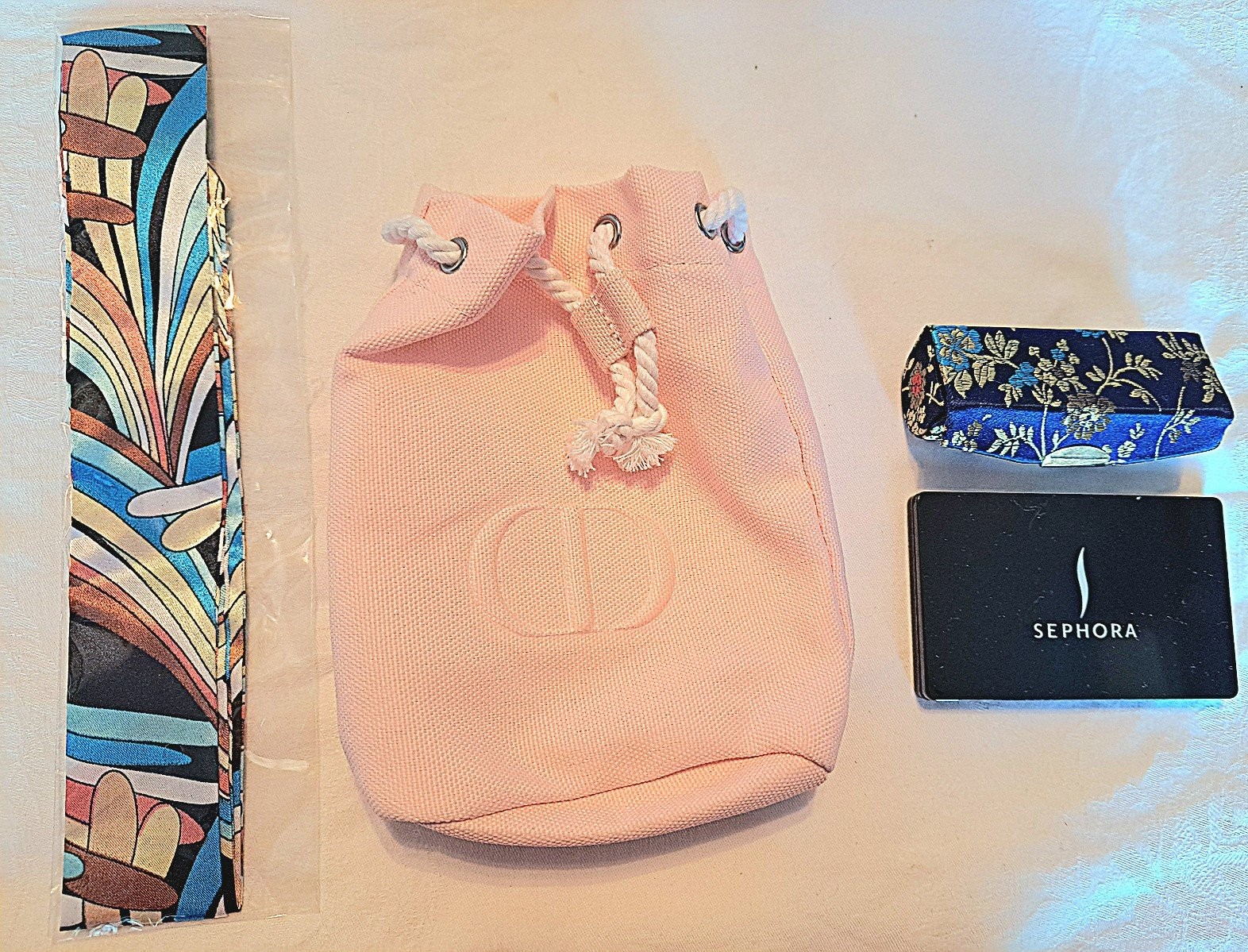 Dior Pink Canvas Drawstring cosmetic pouch NWOT with accessories