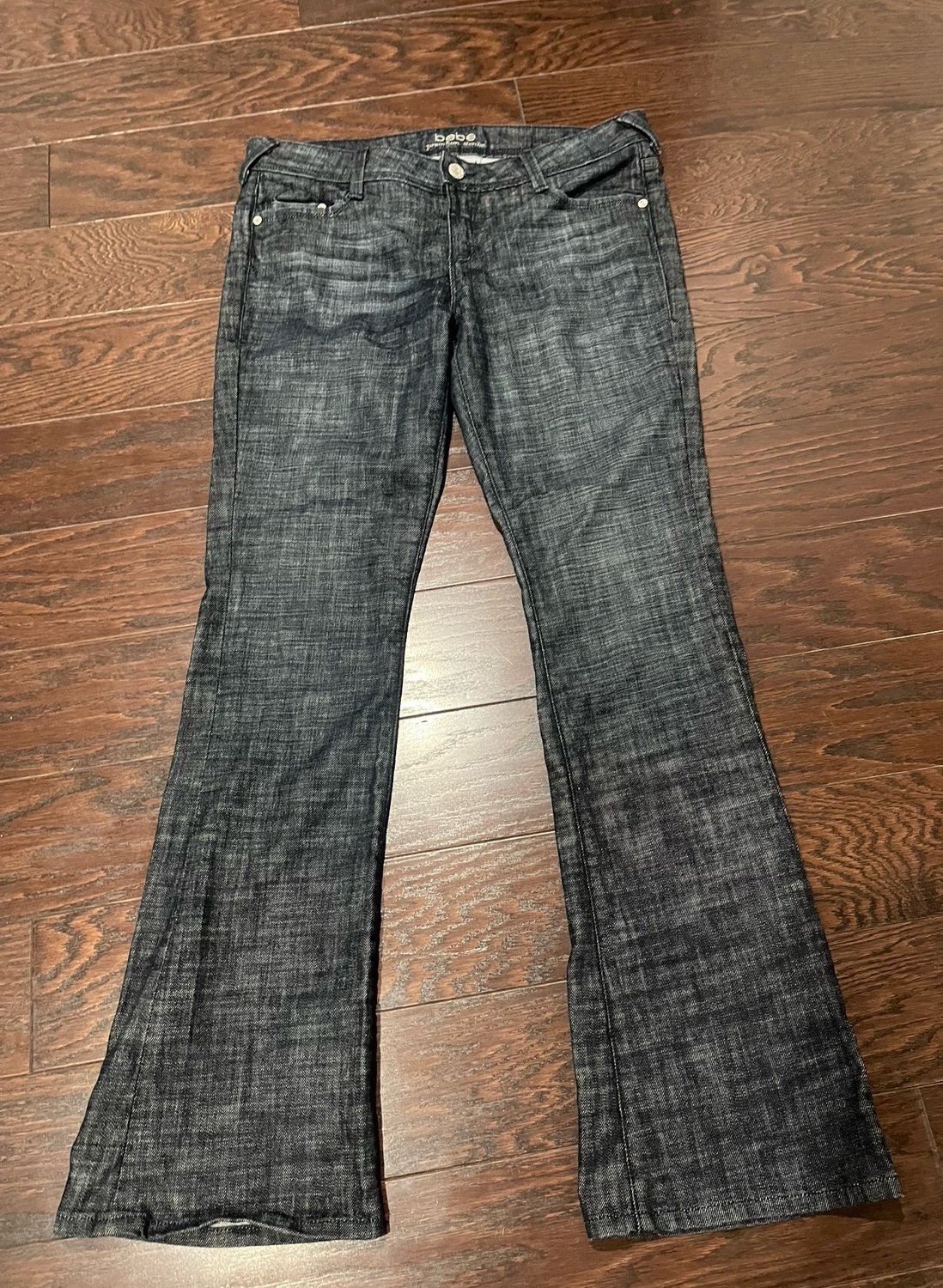 Vintage BEBE Y2K Spellout Rhinestone Dark Denim Flare Size 31 USA