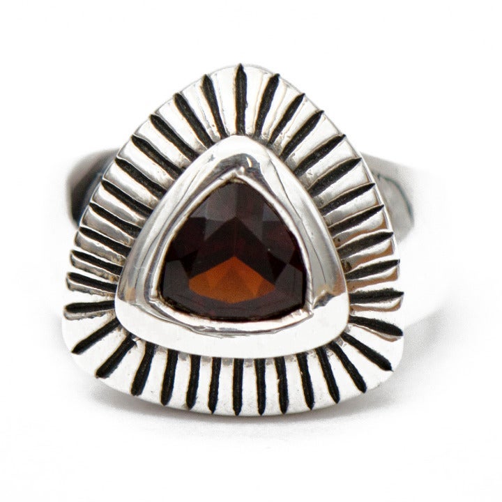 Deep Red Trillion Cut Garnet Silver Ring