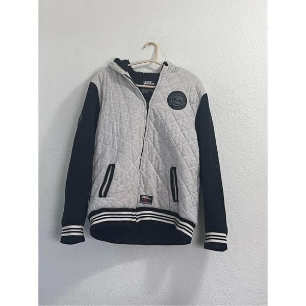 No Fear Men's Full Zip Quilted Hooded Jacket Gray Black XL Fleece Lined