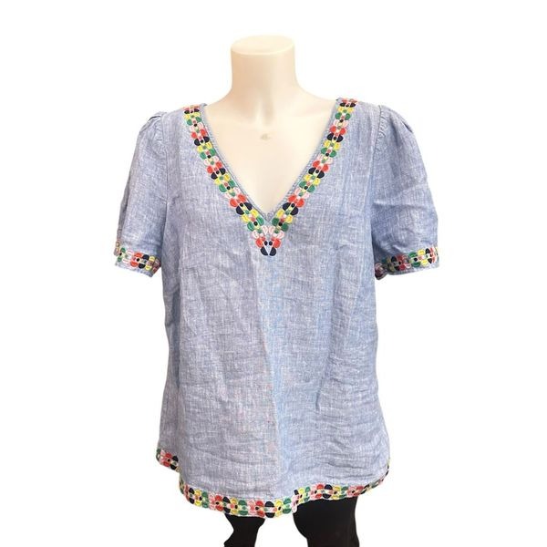 Boden Blue Heidi 100% Linen Multicolored Embroidered Chambray Blouse size US 14