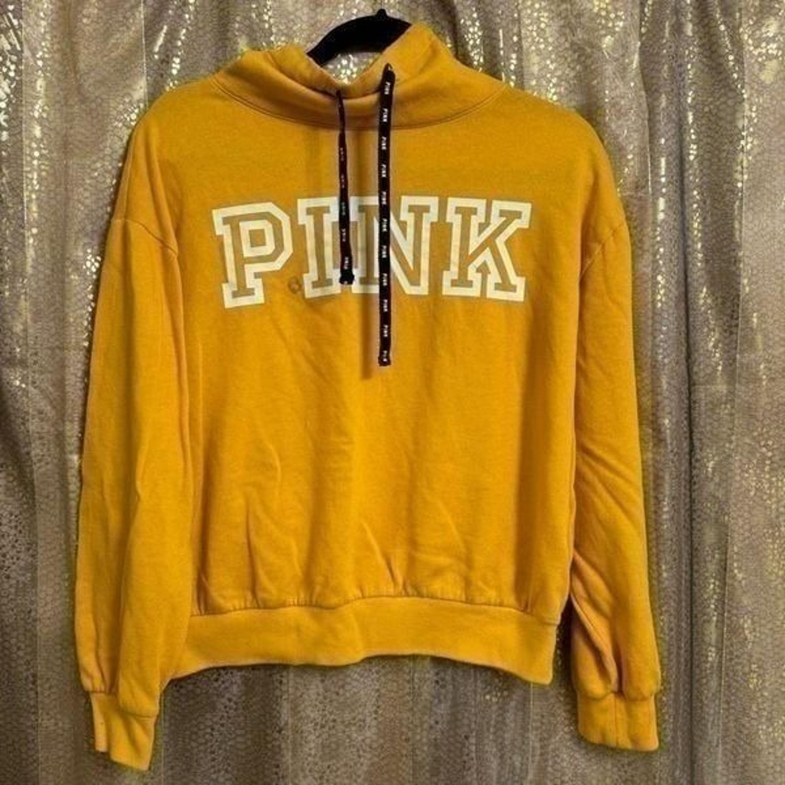 PINK Victorias Secret Yellow Hooded Pullover Cowl Neck Sweater XS Flawed