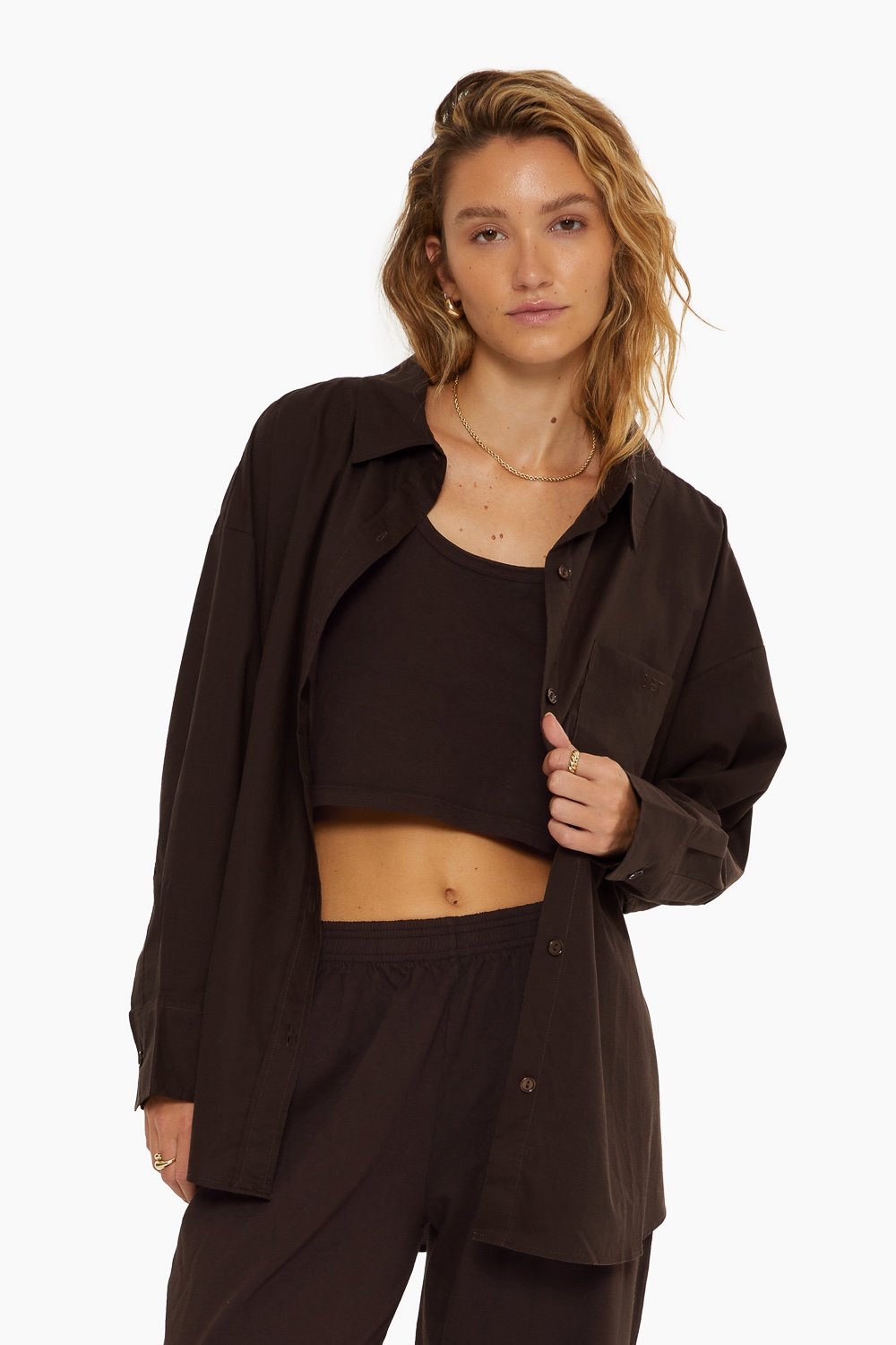 SET Active Daily Button Down Espresso Cotton Poplin