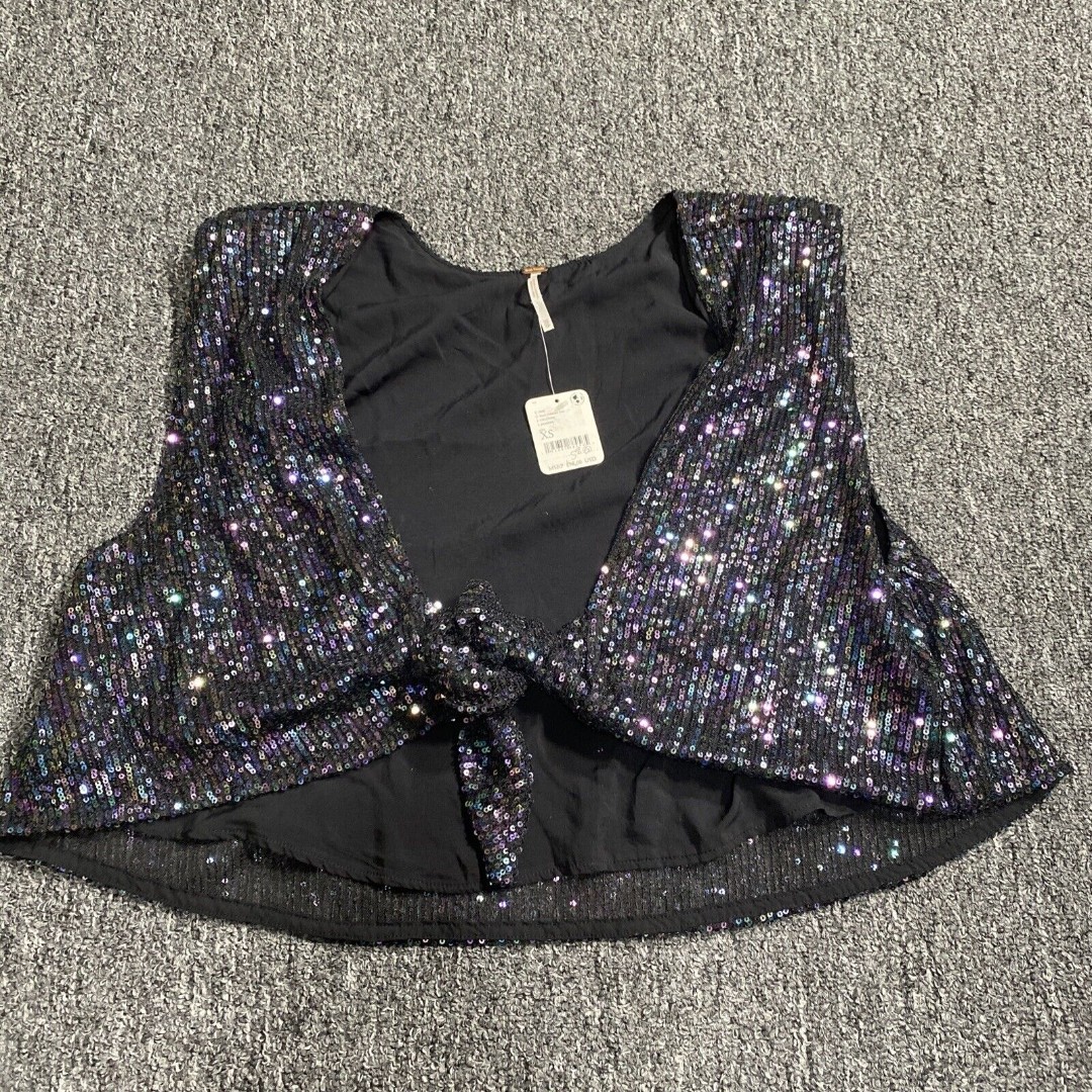 NWT Free People Black Sleeveless Blouse XS Sequence top vest 98