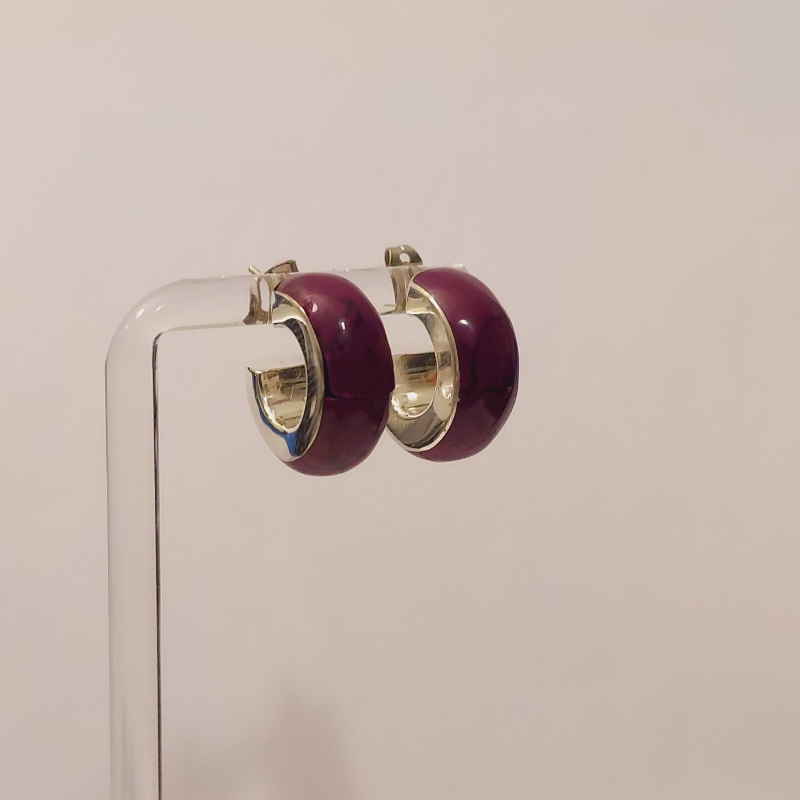 VIntage Mexico 950 Sterling Silver Purple Jasper Inlay Hoop Earrings